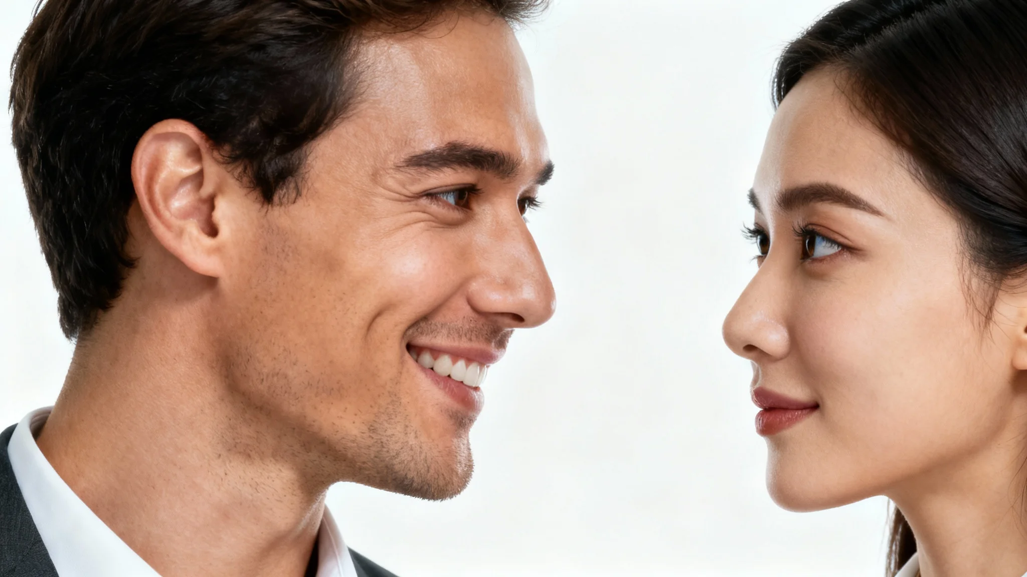 A close-up photograph of a man and a woman in a professional setting making direct, confident eye contact against a clean white background.