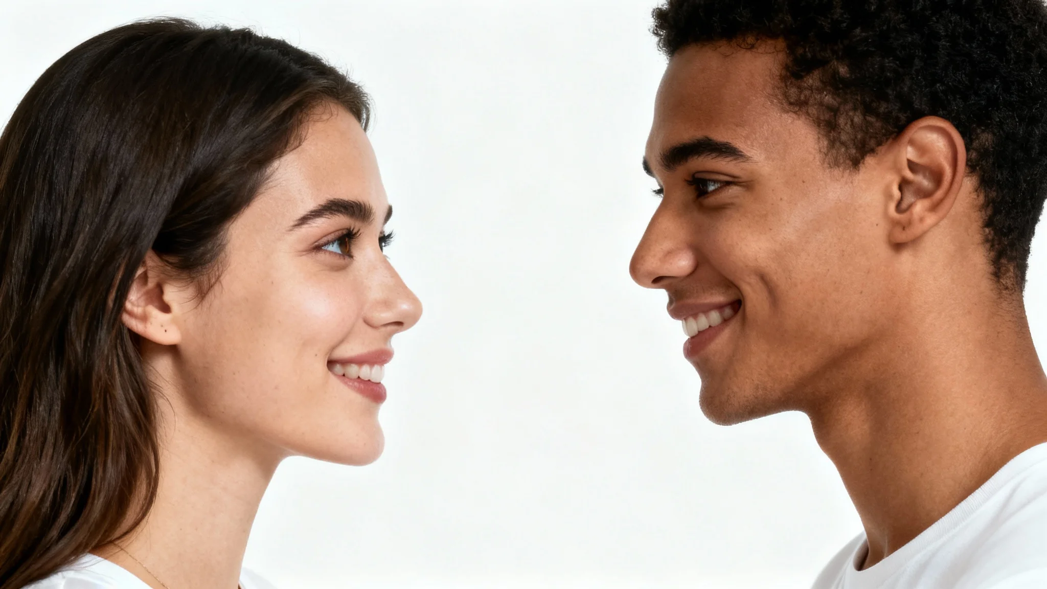 A man and a woman in a professional setting making direct eye contact and smiling, illustrating a positive and confident connection.