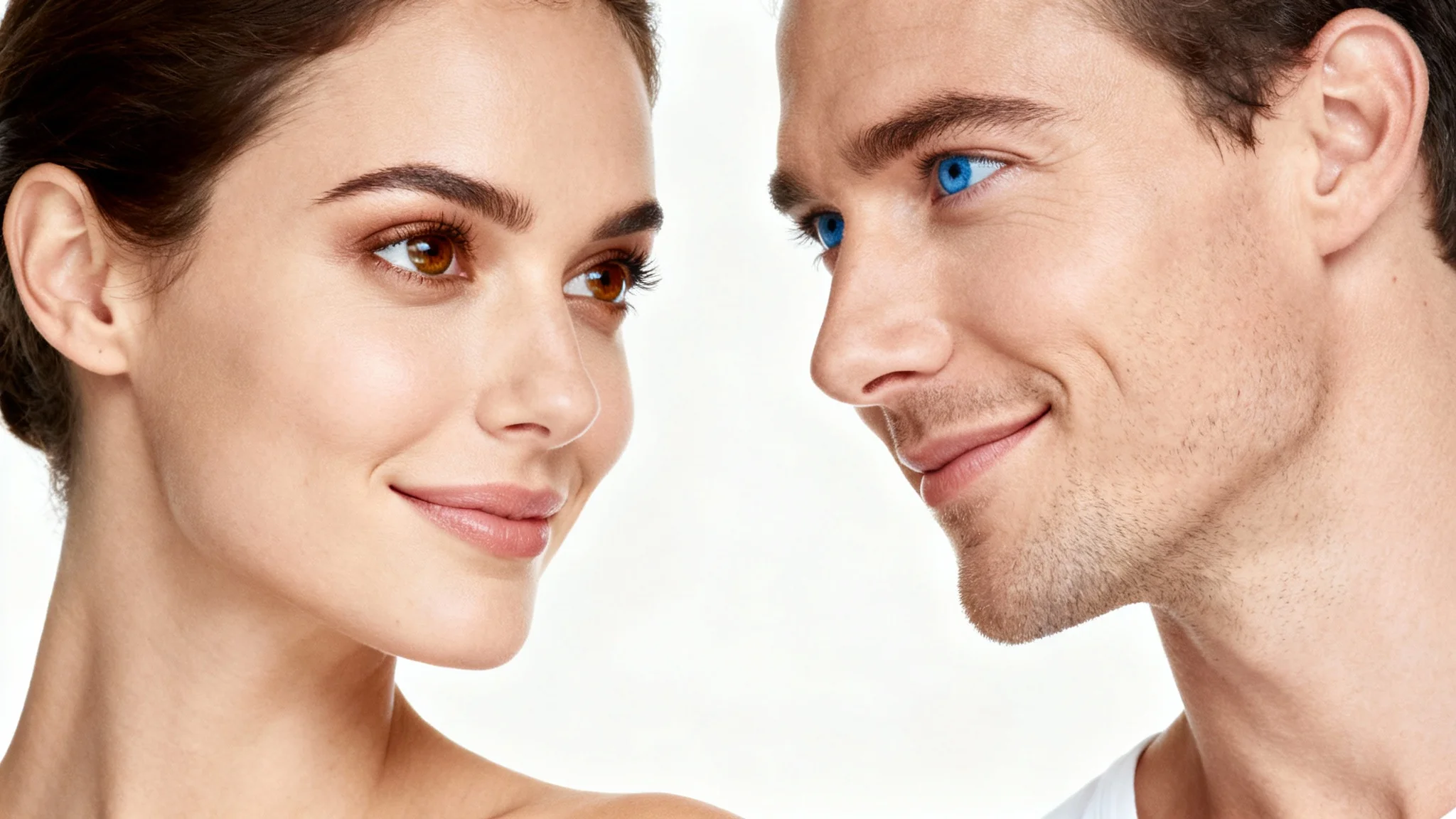 A close-up, professional photograph of a man and a woman making direct and friendly eye contact, smiling warmly against a clean white background, conveying trust and confidence.