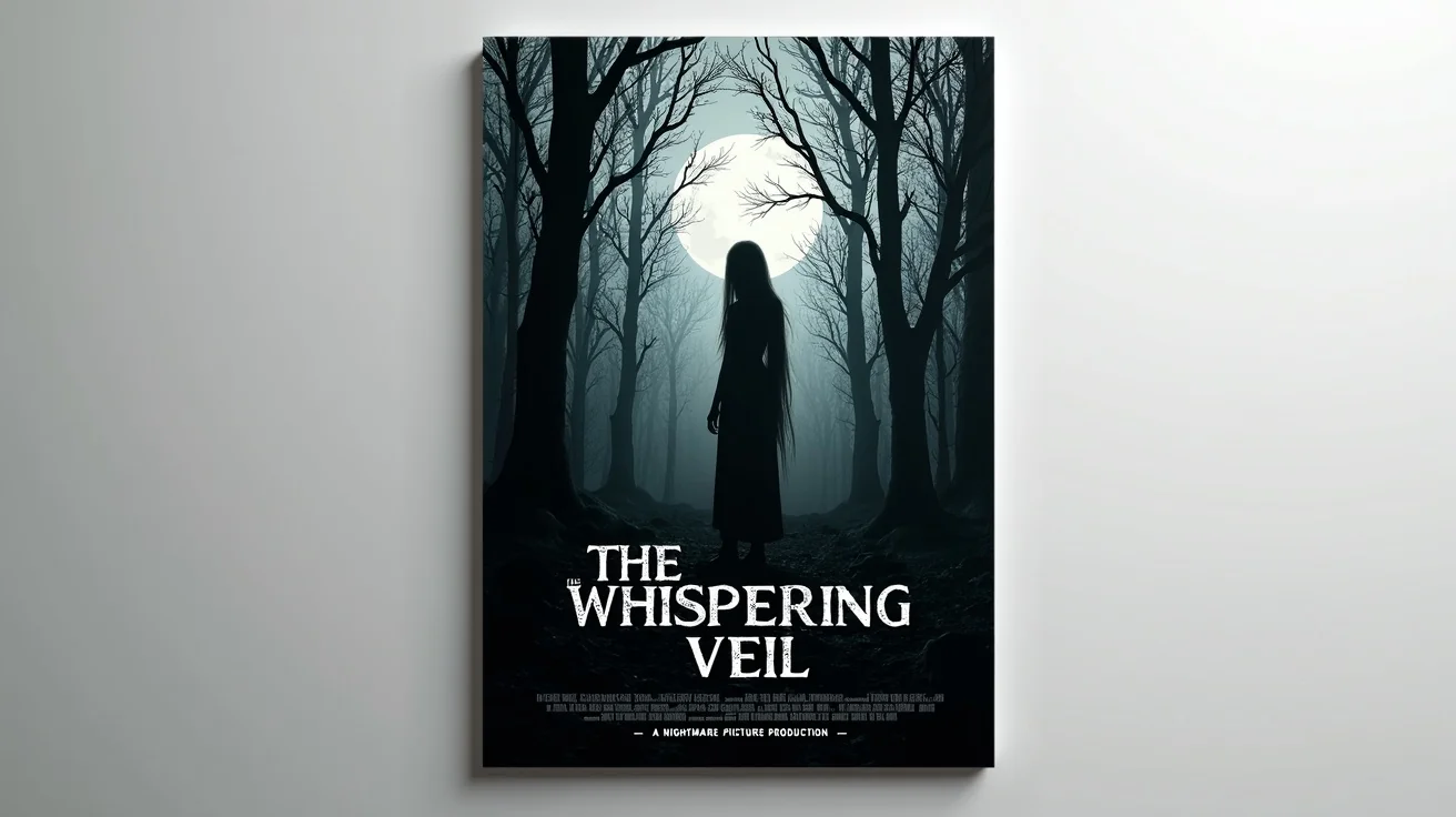 A mockup of a terrifying black and white horror movie poster titled 'The Whispering Veil'. The poster shows a shadowy figure in a foggy forest with the tagline 'Silence Is Not Safe'.