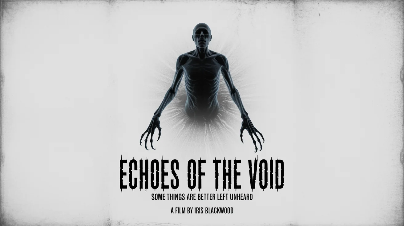 A mockup of a terrifying indie horror movie poster for a film titled 'Echoes of the Void', showing a shadowy figure with skeletal fingers on a black, grainy background.
