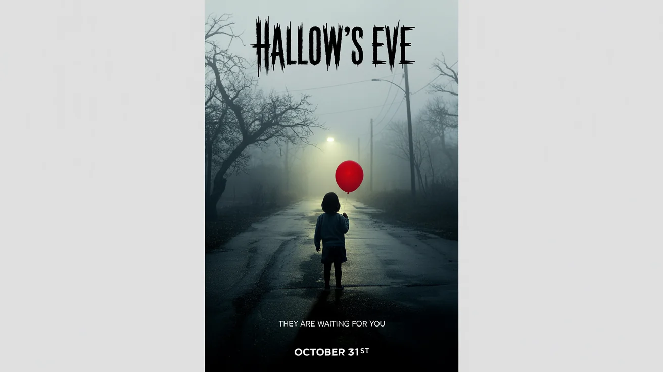 A mockup of a terrifying Halloween event poster titled 'Hallow's Eve'. The poster shows a shadowy child holding a red balloon on a foggy night road, set against a plain white background.
