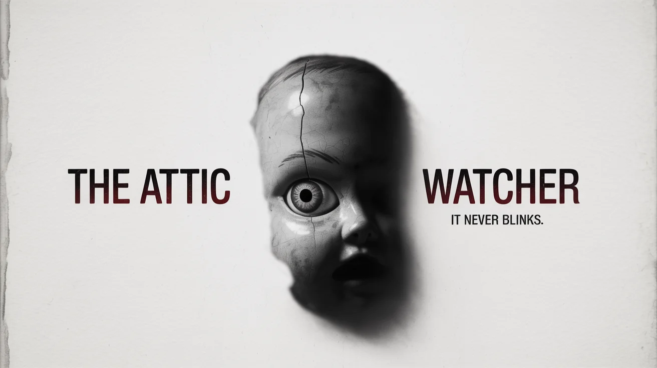 A terrifying mockup of an indie horror film poster titled 'The Attic Watcher.' The poster is black and white, featuring a close-up of a cracked porcelain doll's eye staring out from the darkness.