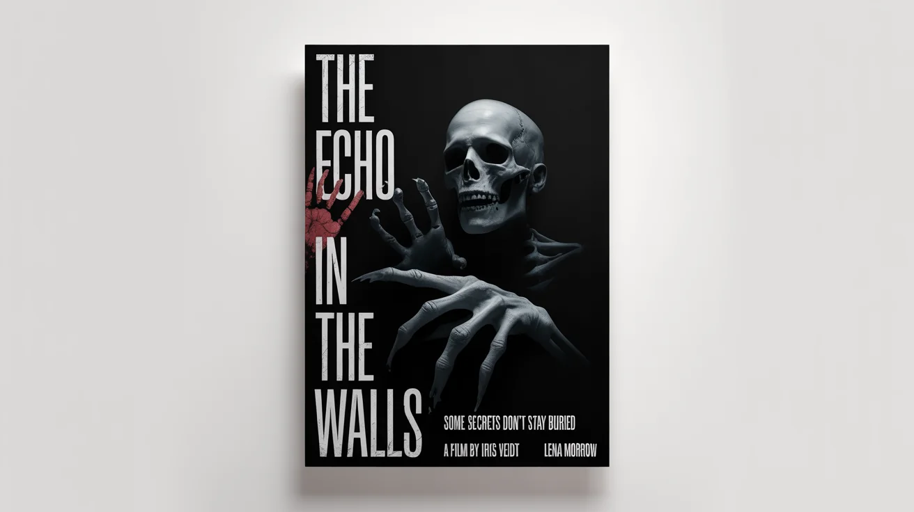 A mockup of a terrifying indie horror movie poster for a film titled "The Echo in the Walls." The poster is primarily black and white, featuring a skeletal figure emerging from the shadows, all set against a clean white background.