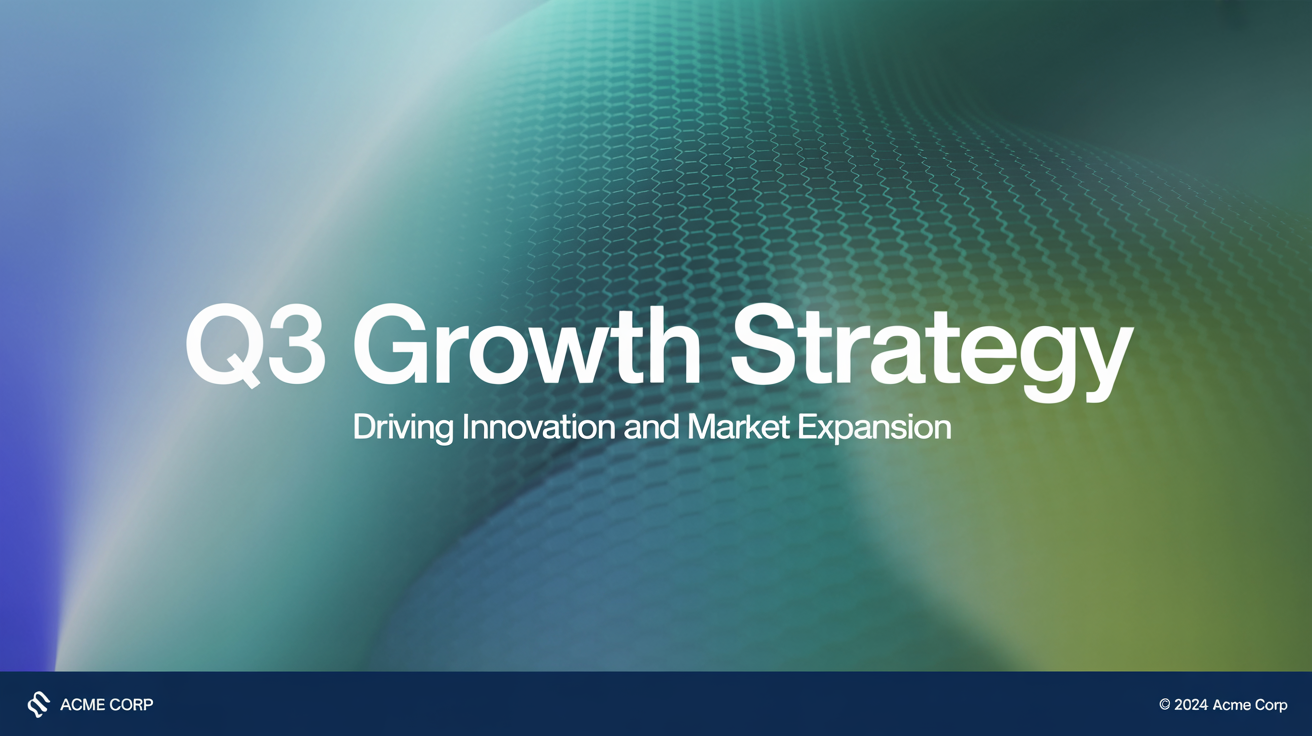 A professional presentation title slide for a 'Q3 Growth Strategy', featuring clean typography on a modern blue and teal abstract background.