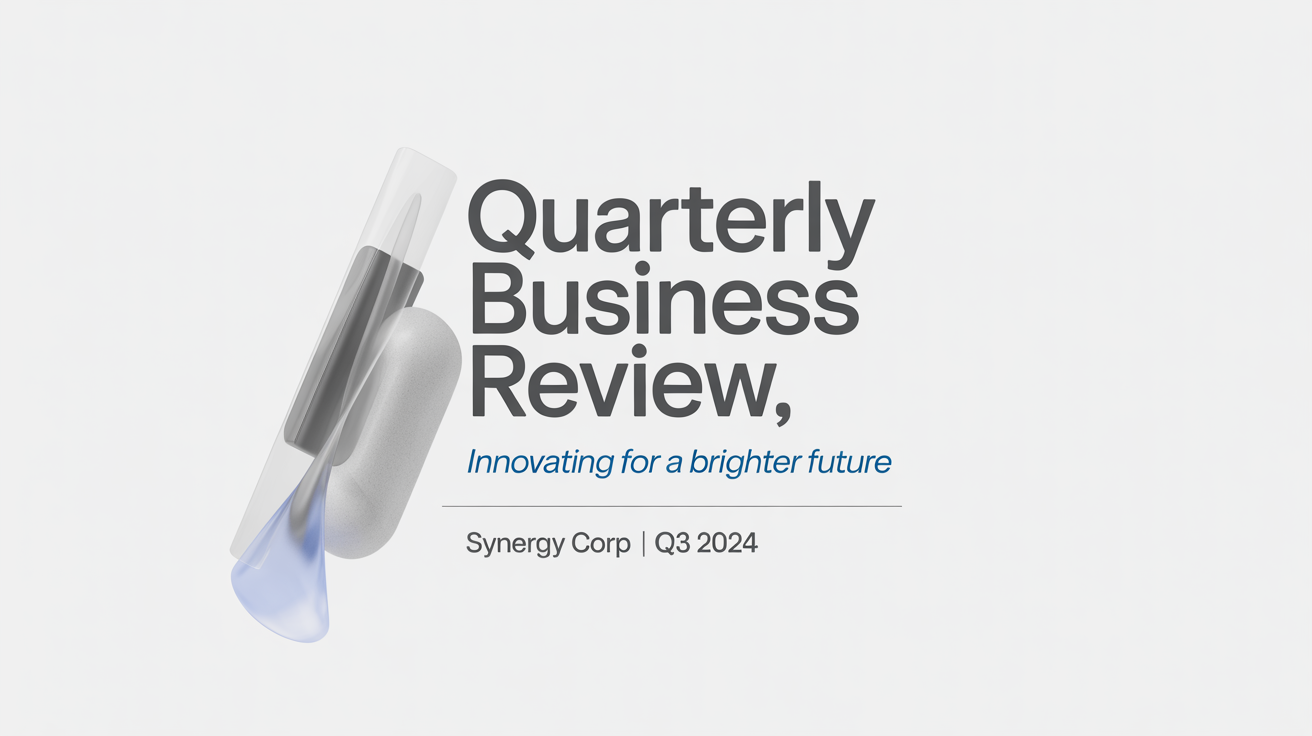 A professional presentation title slide mockup. The slide is titled 'Quarterly Business Review' with the subtitle 'Innovating for a Brighter Future' and company name 'Synergy Corp'.