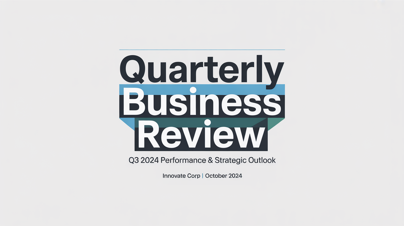 A mockup of a professional and modern presentation title slide for a 'Quarterly Business Review' from 'Innovate Corp'.
