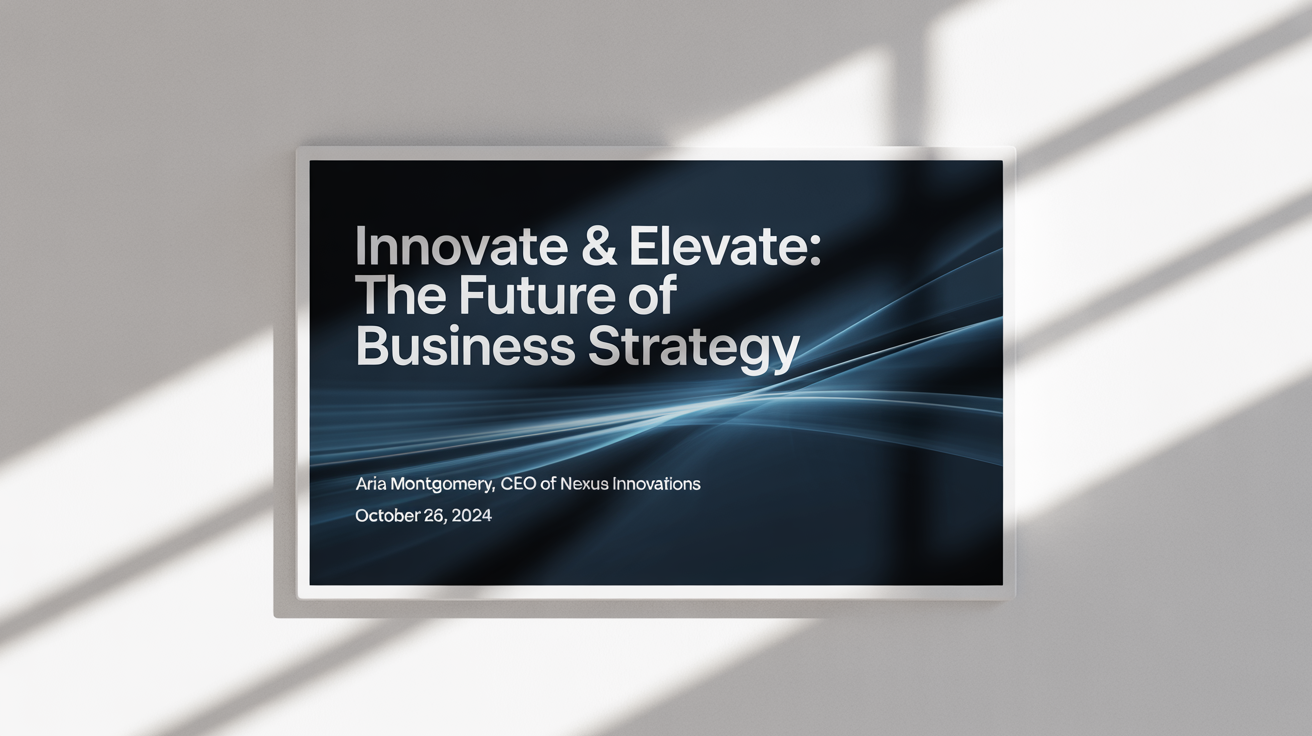 A mockup of a professional presentation's first slide, with the title 'Innovate & Elevate: The Future of Business Strategy' on a dark blue background.