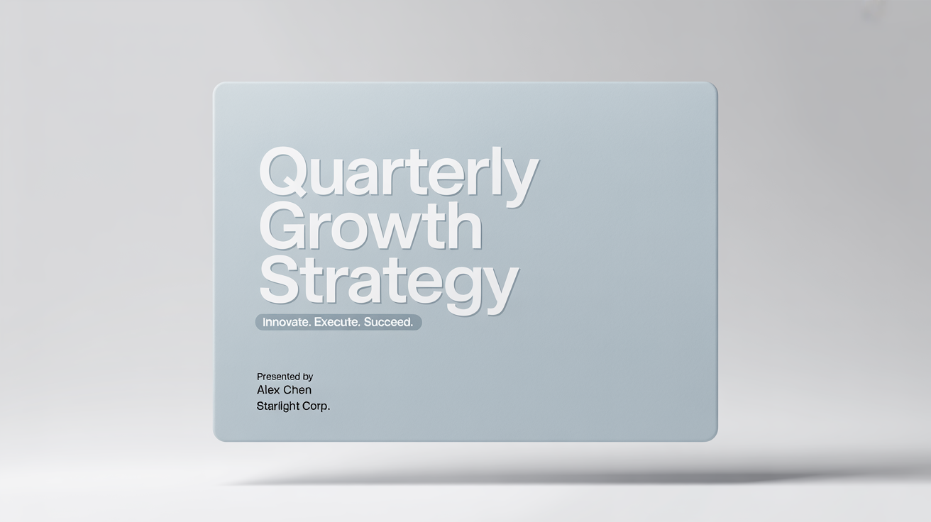 A mockup of a professional presentation's first slide. It has a navy blue background with the title 'Quarterly Growth Strategy' and credits to 'Alex Chen' of 'Starlight Corp.'