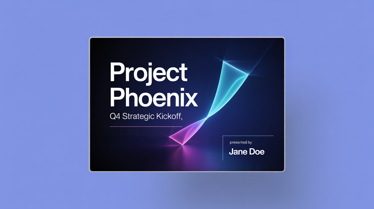 A mockup of a professional and modern presentation first slide titled 'Project Phoenix' and subtitled 'Q4 Strategic Kickoff', set against a dark blue background with abstract light trails.