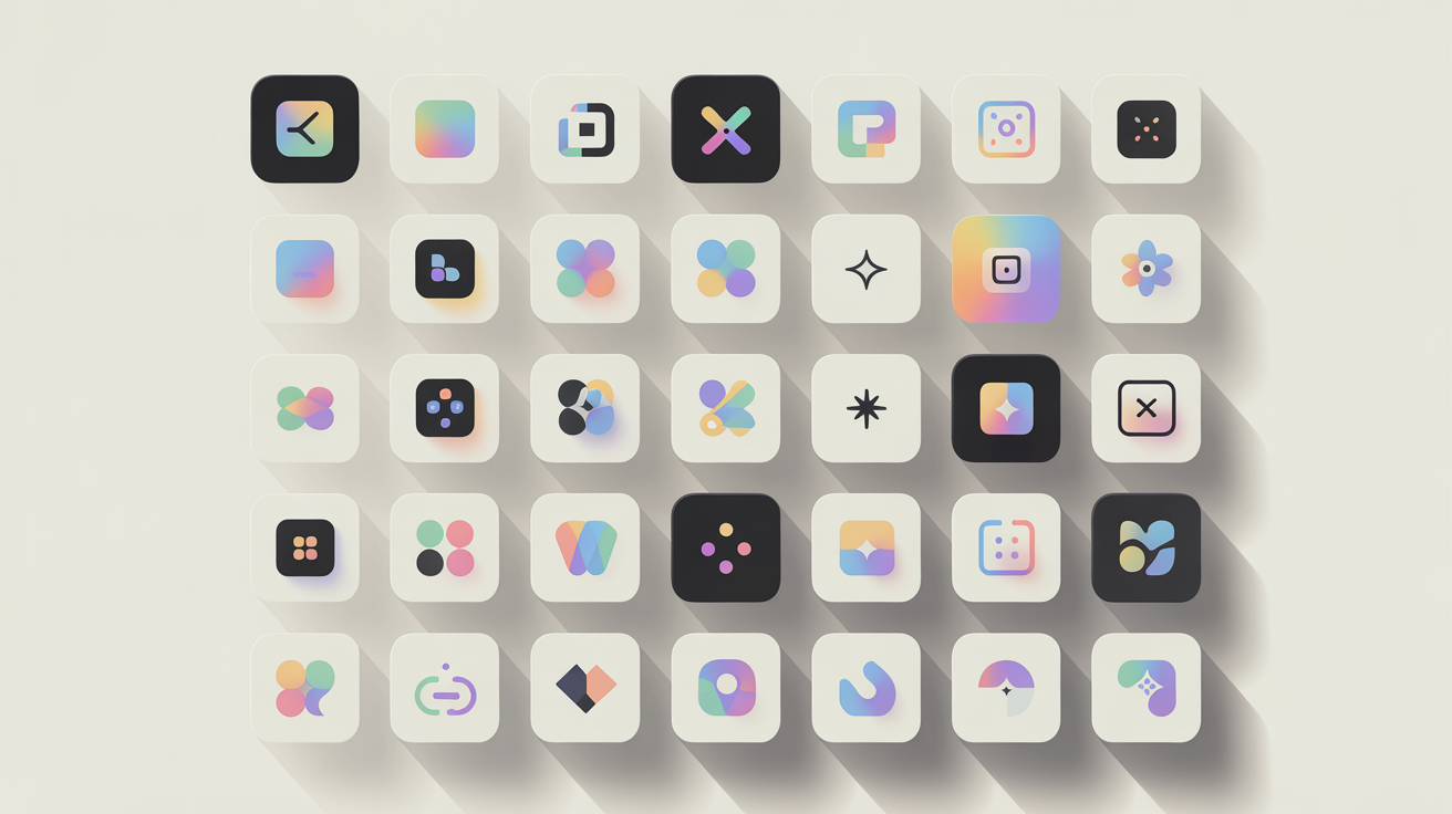 A collection of professionally designed, modern app icons arranged in a grid on a light background, demonstrating the result of turning logos into icons.