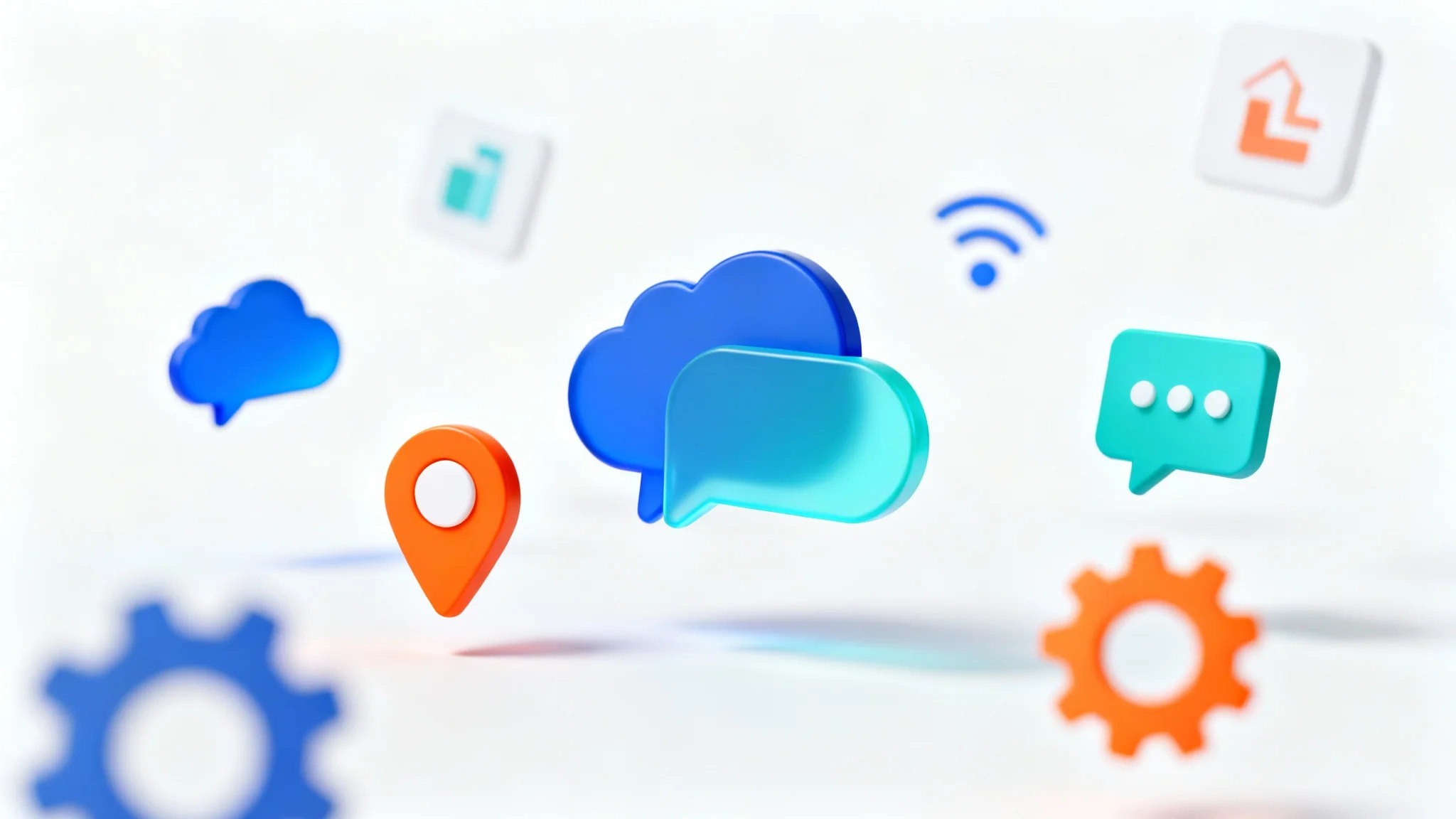 A collection of modern, colorful app icons representing various functions, arranged in a dynamic floating layout on a clean white background.