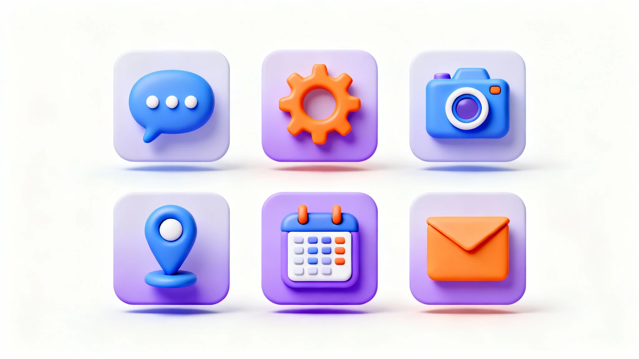 A grid of colorful, modern 3D icons representing various functions like chat, settings, and location, set against a clean white background.