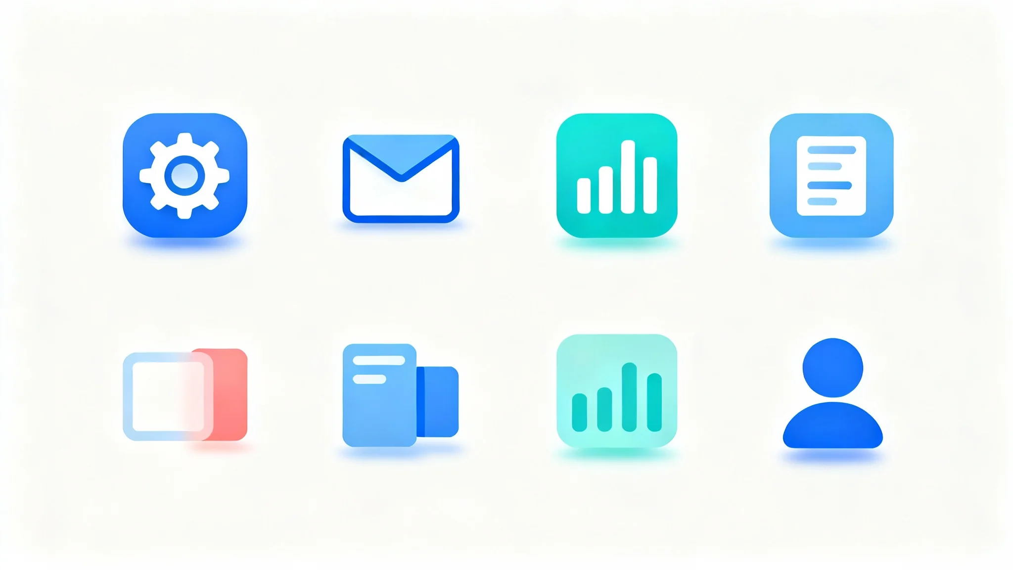 A grid of modern, minimalist icons in shades of blue, teal, and coral, representing settings, mail, analytics, and user profiles, displayed on a clean white background.