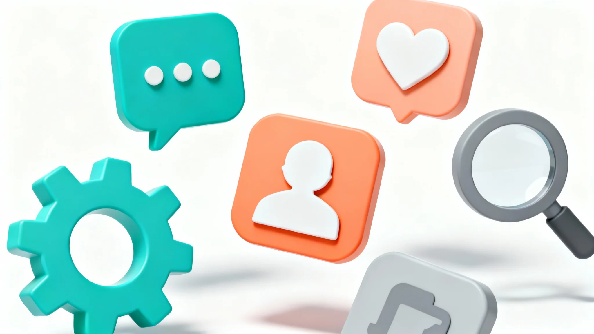 A collection of modern, minimalist flat design icons in blue, orange, and gray, arranged neatly on a white background, representing various app functions.