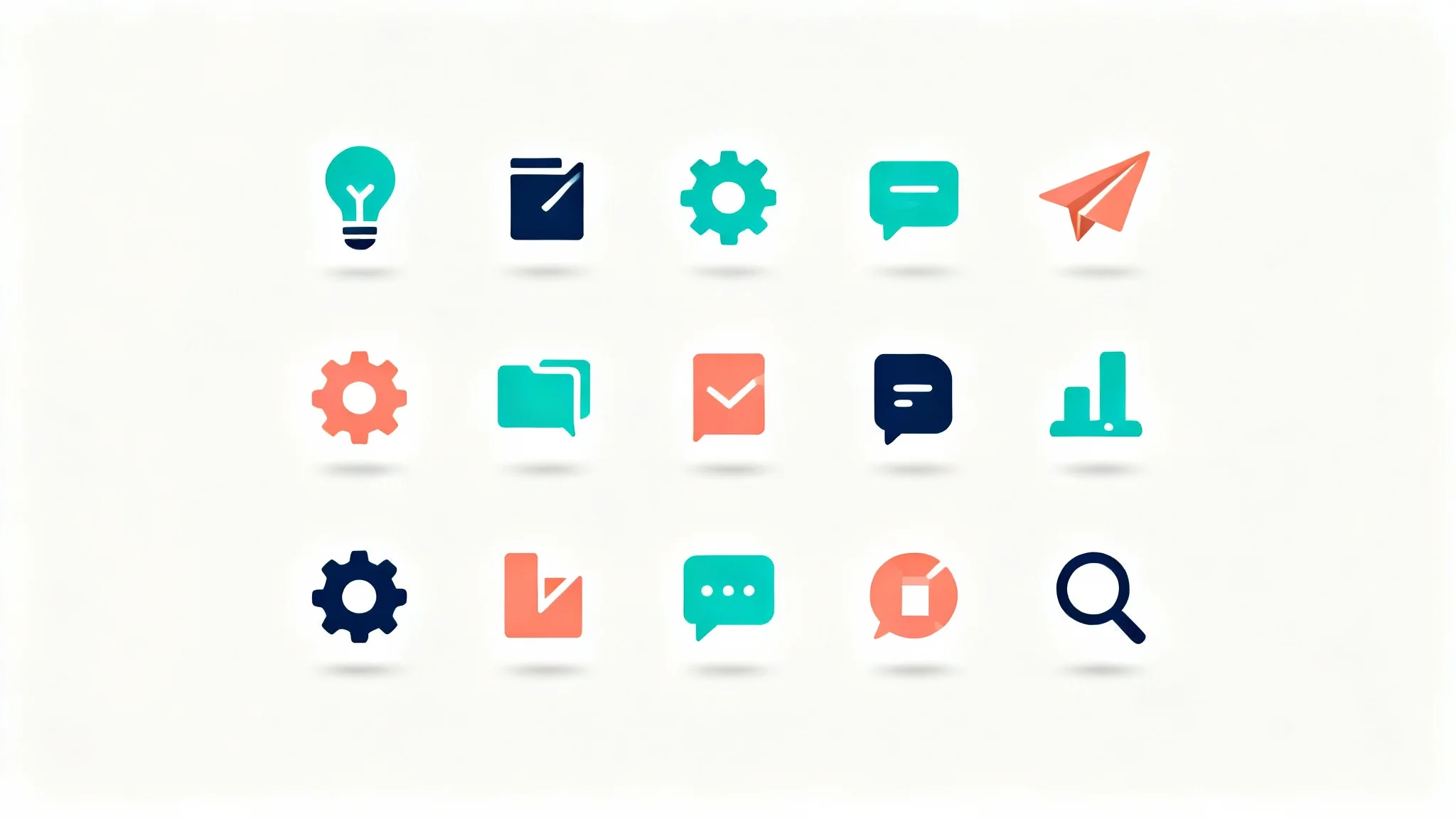 A collection of modern flat design icons, including a lightbulb, gear, and paper airplane, displayed in a clean grid on a white background.