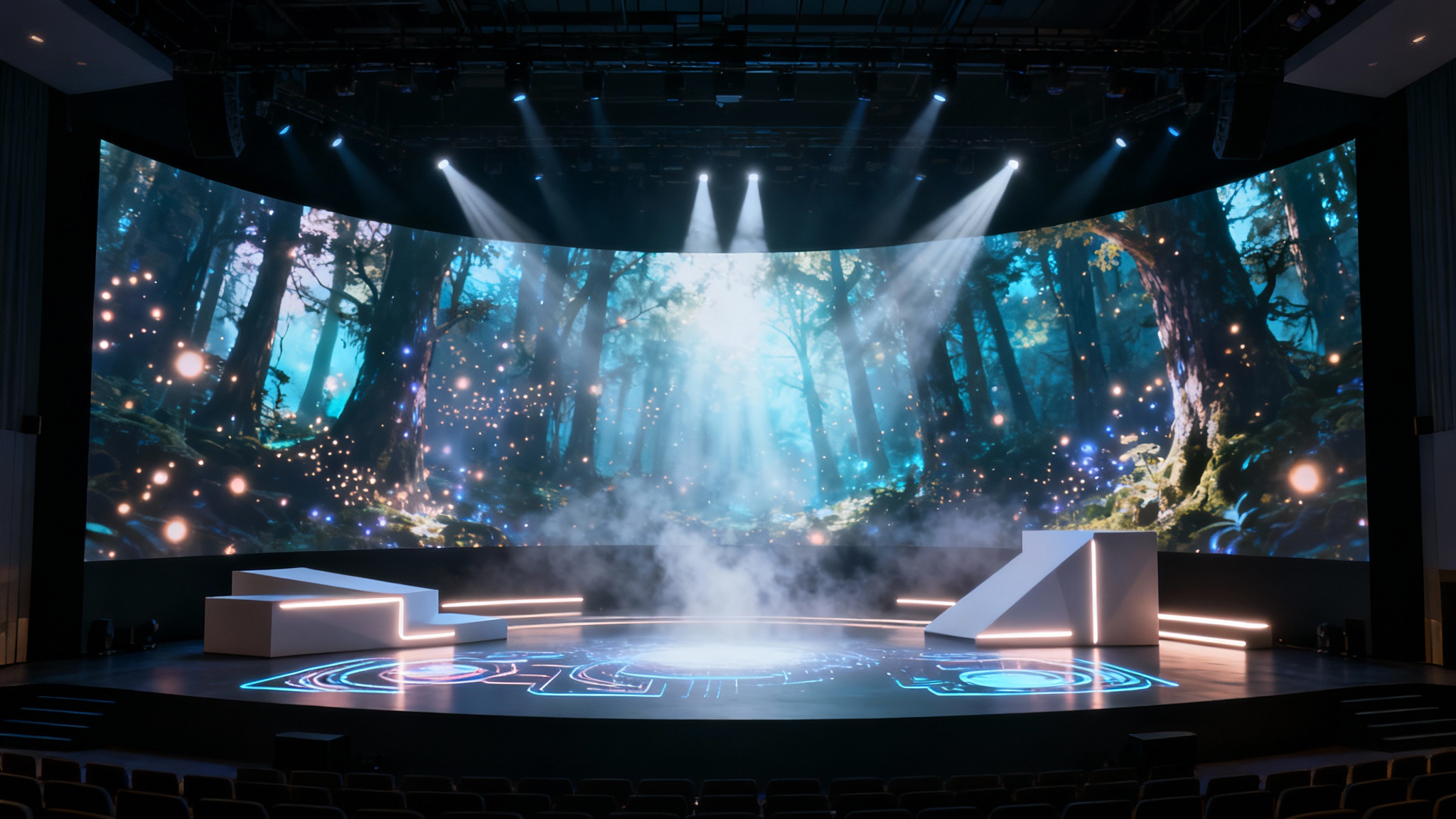 A wide-angle digital rendering of a modern theater stage. A large, curved LED screen shows a magical, glowing forest, replacing a traditional backdrop. Beams of light shine down on the sleek, minimalist stage.