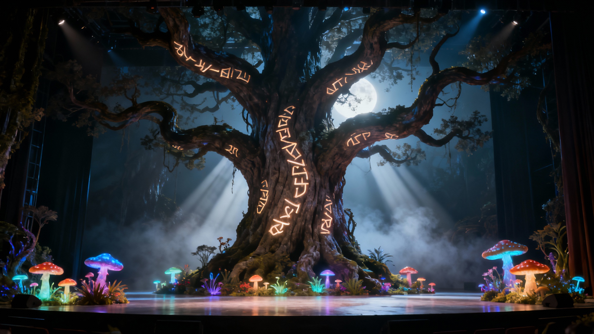A photorealistic mockup of a theatrical stage designed as an enchanted forest, with a large central tree and glowing plants, isolated on a white background.