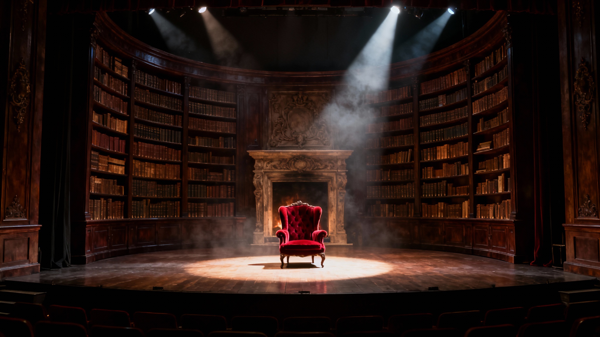 An elaborate and dramatic theater stage design featuring a grand, circular library with towering bookshelves, a central armchair, and atmospheric spotlighting.