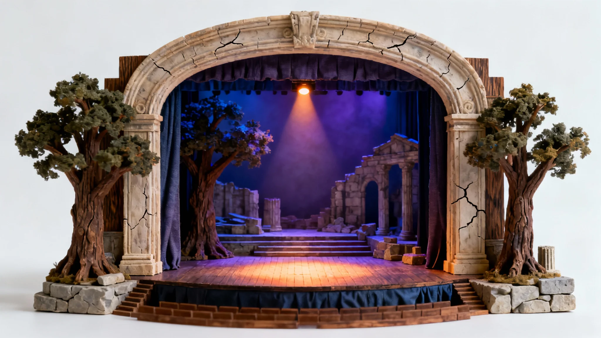 A detailed miniature model of a theater stage design, showcasing a dramatic scene with trees and ruins under theatrical lighting, presented against a clean white background.