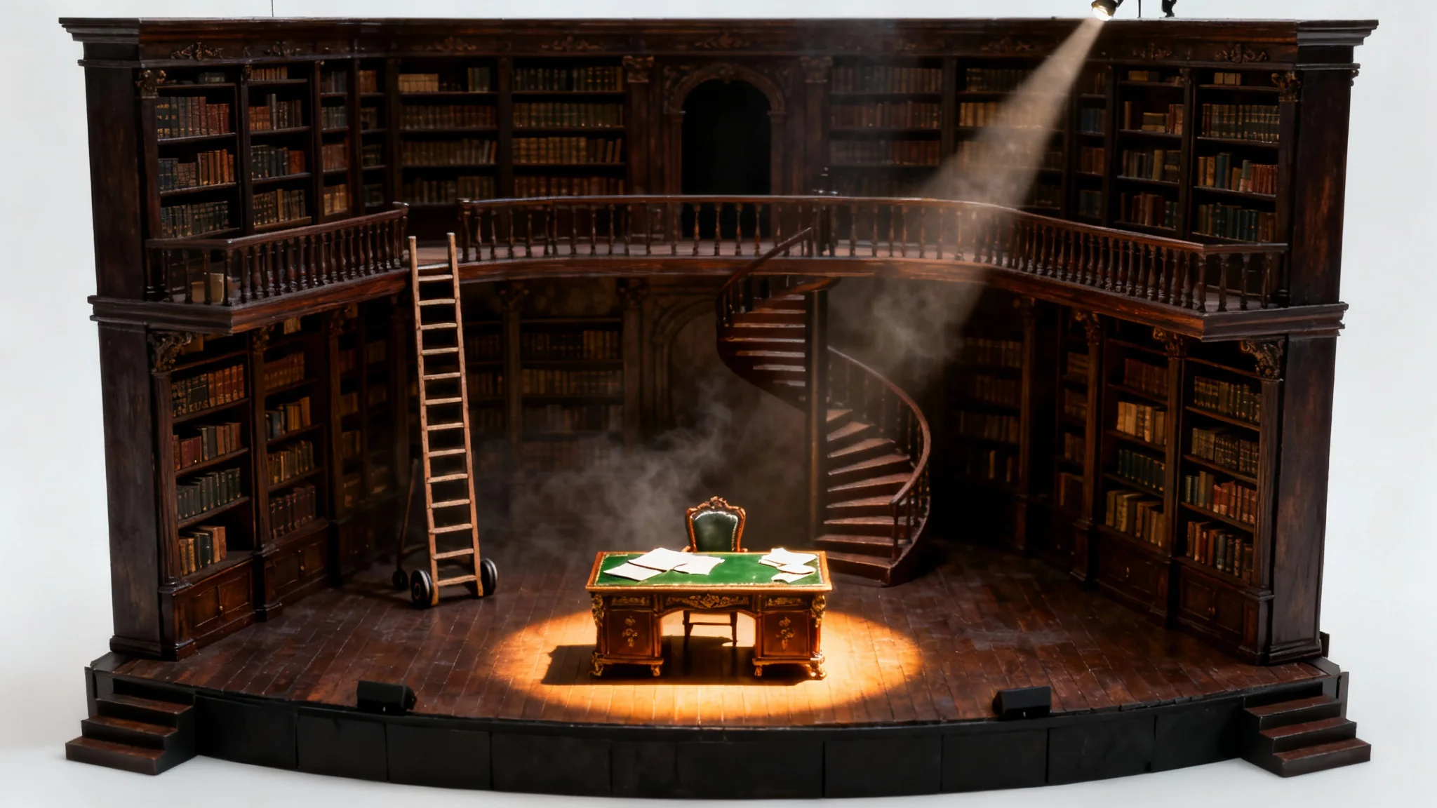 A hyper-realistic miniature model of a theater stage design, depicting a grand library with towering bookshelves, a spiral staircase, and a single desk illuminated by a dramatic spotlight, all set against a plain white background.