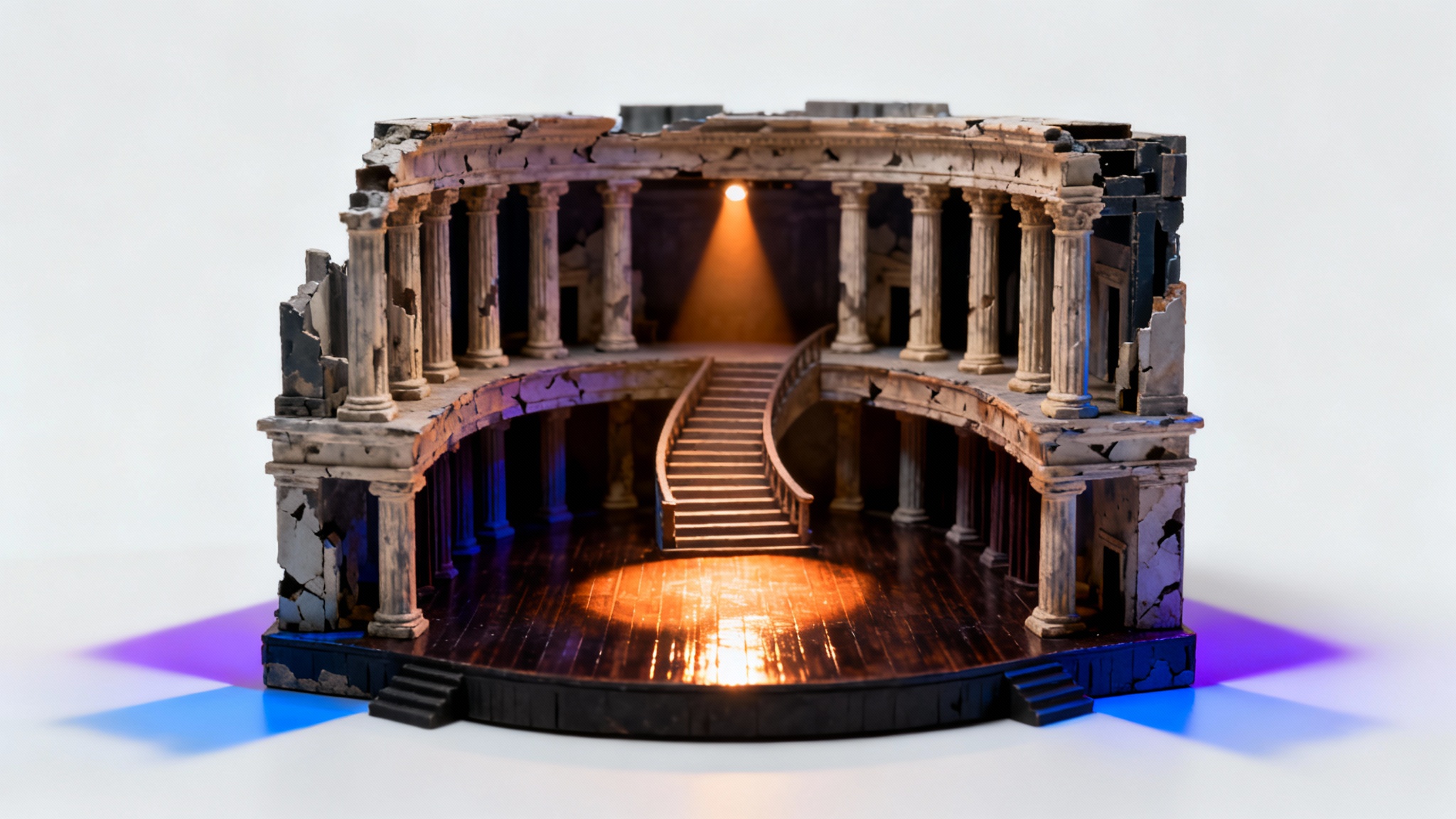 A detailed physical model of a dramatic theater stage design, featuring neoclassical columns and a grand staircase, lit by a single spotlight against a white background.