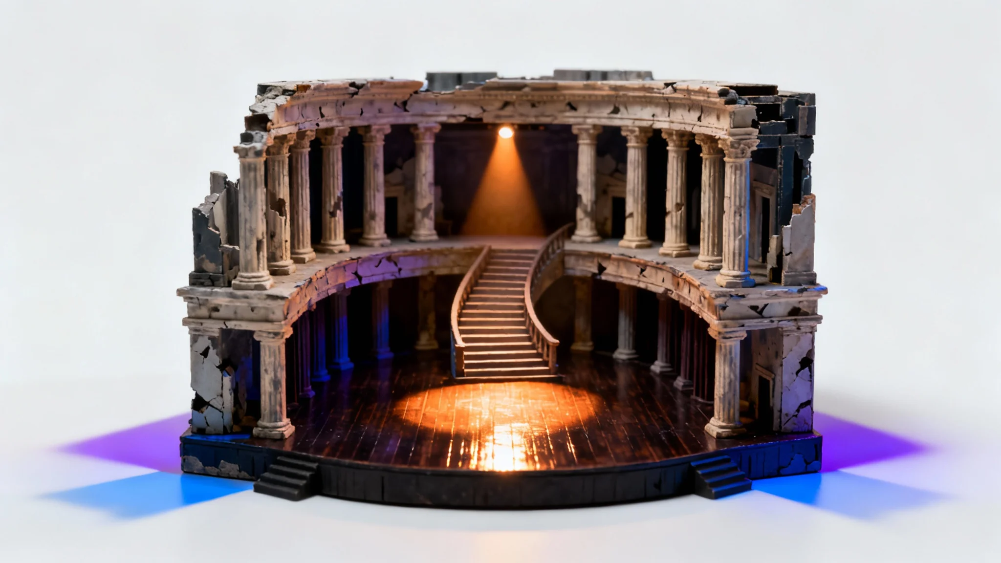 A detailed physical model of a dramatic theater stage design, featuring neoclassical columns and a grand staircase, lit by a single spotlight against a white background.