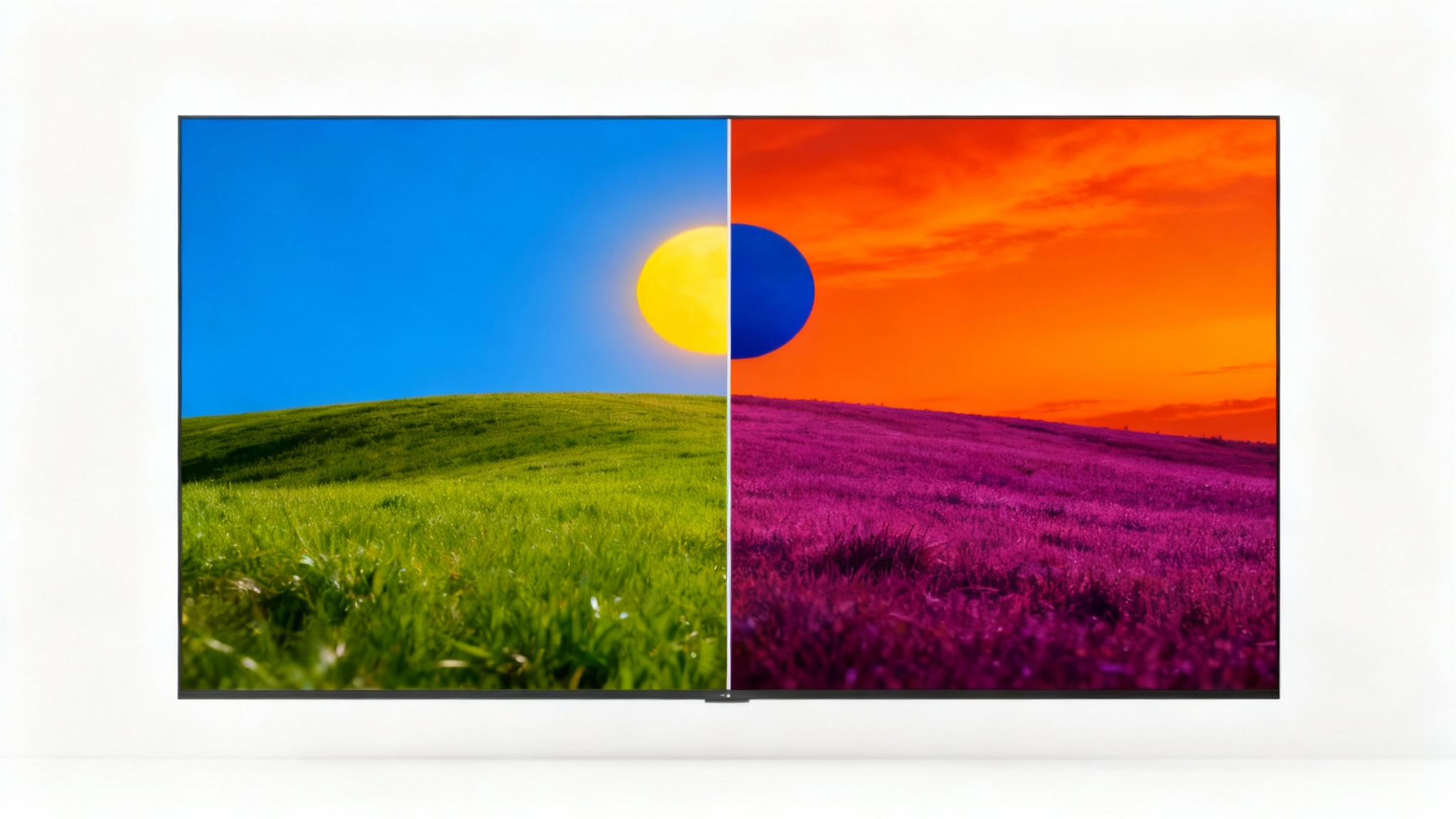 A before-and-after comparison image demonstrating a color inversion tool. The left shows a sunny landscape with blue sky and green grass; the right shows the same image with inverted colors, featuring an orange sky and purple grass.
