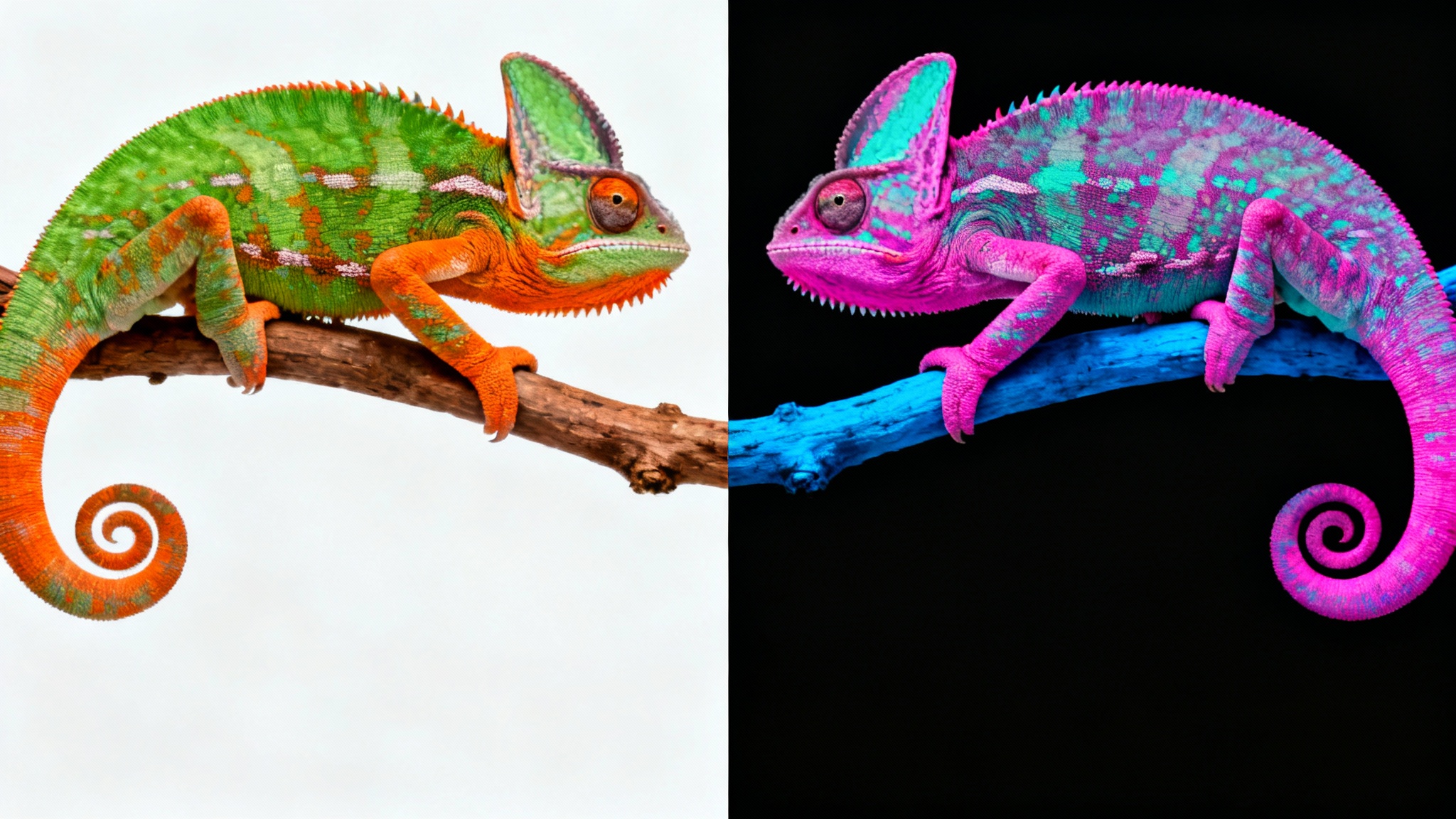 An image demonstrating a color inversion effect, split in half. The left shows a colorful chameleon on a white background, and the right shows the same image with its colors inverted, appearing on a black background.