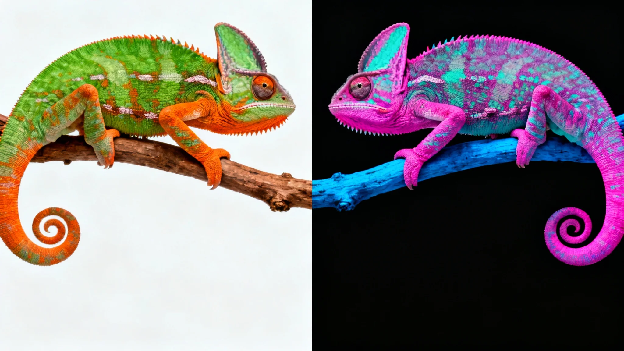 An image demonstrating a color inversion effect, split in half. The left shows a colorful chameleon on a white background, and the right shows the same image with its colors inverted, appearing on a black background.
