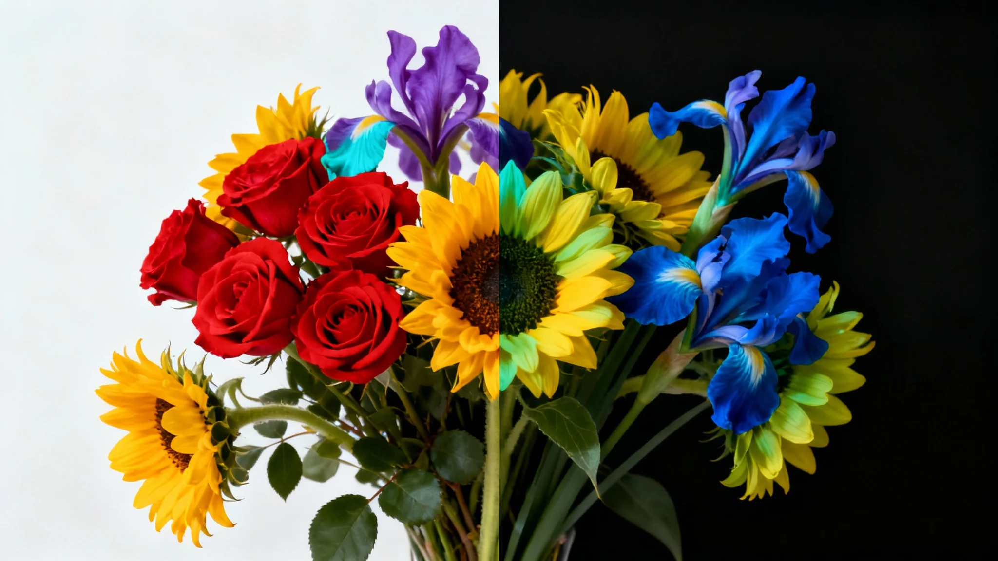 A side-by-side comparison image demonstrating a color inversion effect. The left half shows a colorful bouquet of flowers against a white background, and the right half shows the same image with all the colors inverted against a black background.