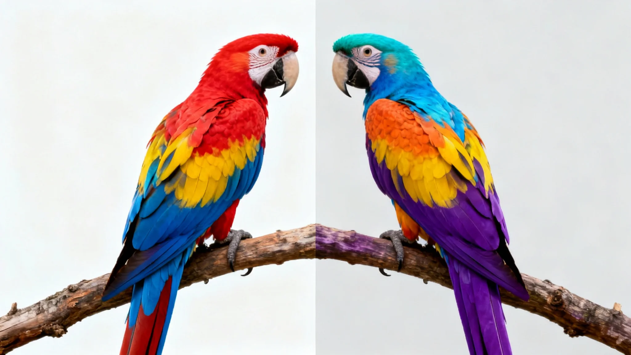A split image demonstrating a color inversion effect. The left side shows a colorful macaw, and the right side shows the same macaw with its colors inverted.