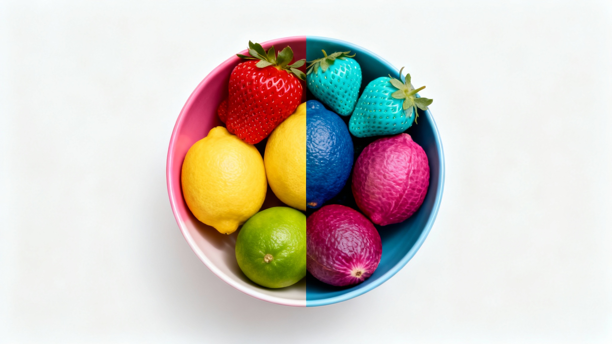 A bowl of fruit shown in a split view to demonstrate color inversion. The left half shows a strawberry, lemon, and lime in their natural colors, while the right half shows the same fruit with inverted colors.
