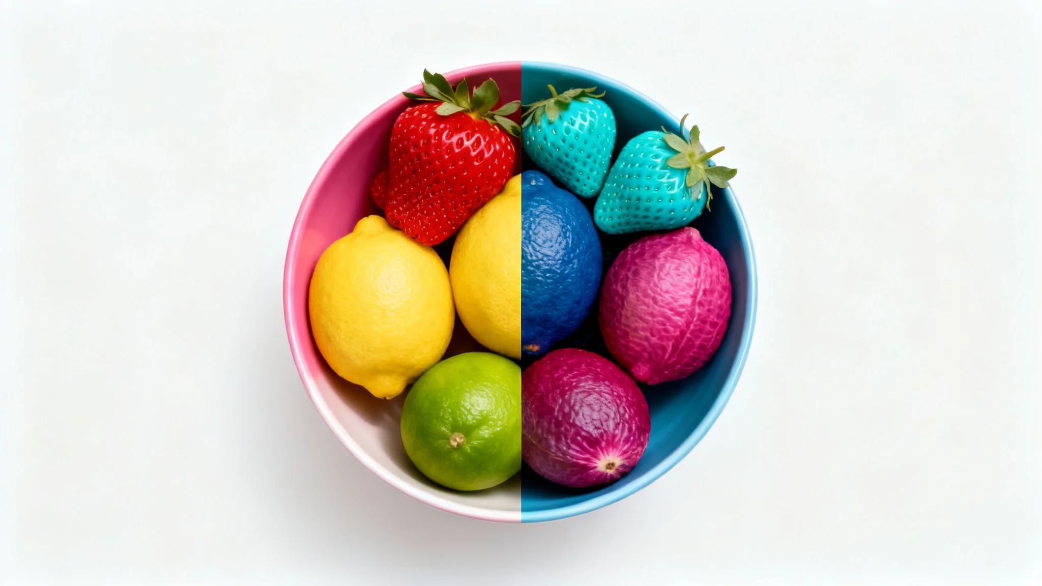 A bowl of fruit shown in a split view to demonstrate color inversion. The left half shows a strawberry, lemon, and lime in their natural colors, while the right half shows the same fruit with inverted colors.