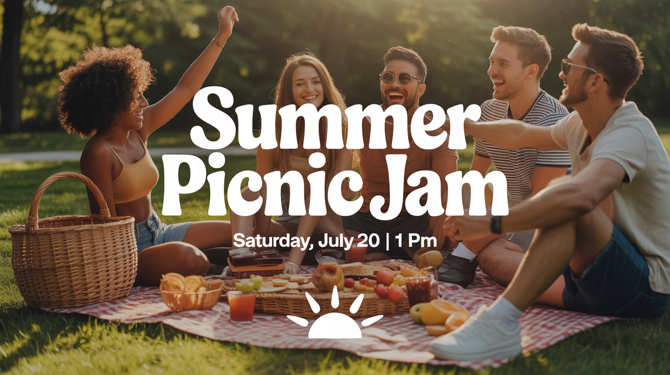A professionally designed Facebook event cover for a summer picnic. The image shows a group of happy friends at a picnic in a park, with overlay text that reads "SUMMER PICNIC JAM" and "SATURDAY, JULY 20 | 1 PM".