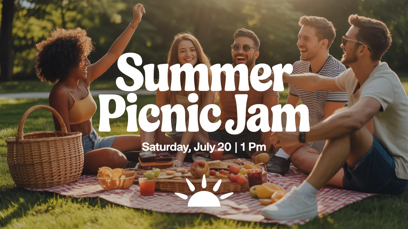 A professionally designed Facebook event cover for a summer picnic. The image shows a group of happy friends at a picnic in a park, with overlay text that reads "SUMMER PICNIC JAM" and "SATURDAY, JULY 20 | 1 PM".