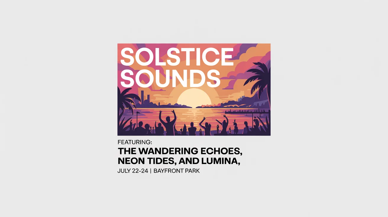 A mockup of a Facebook event cover for a music festival called 'Solstice Sounds', featuring a stylized sunset graphic, fictional band names, and event details against a white background.