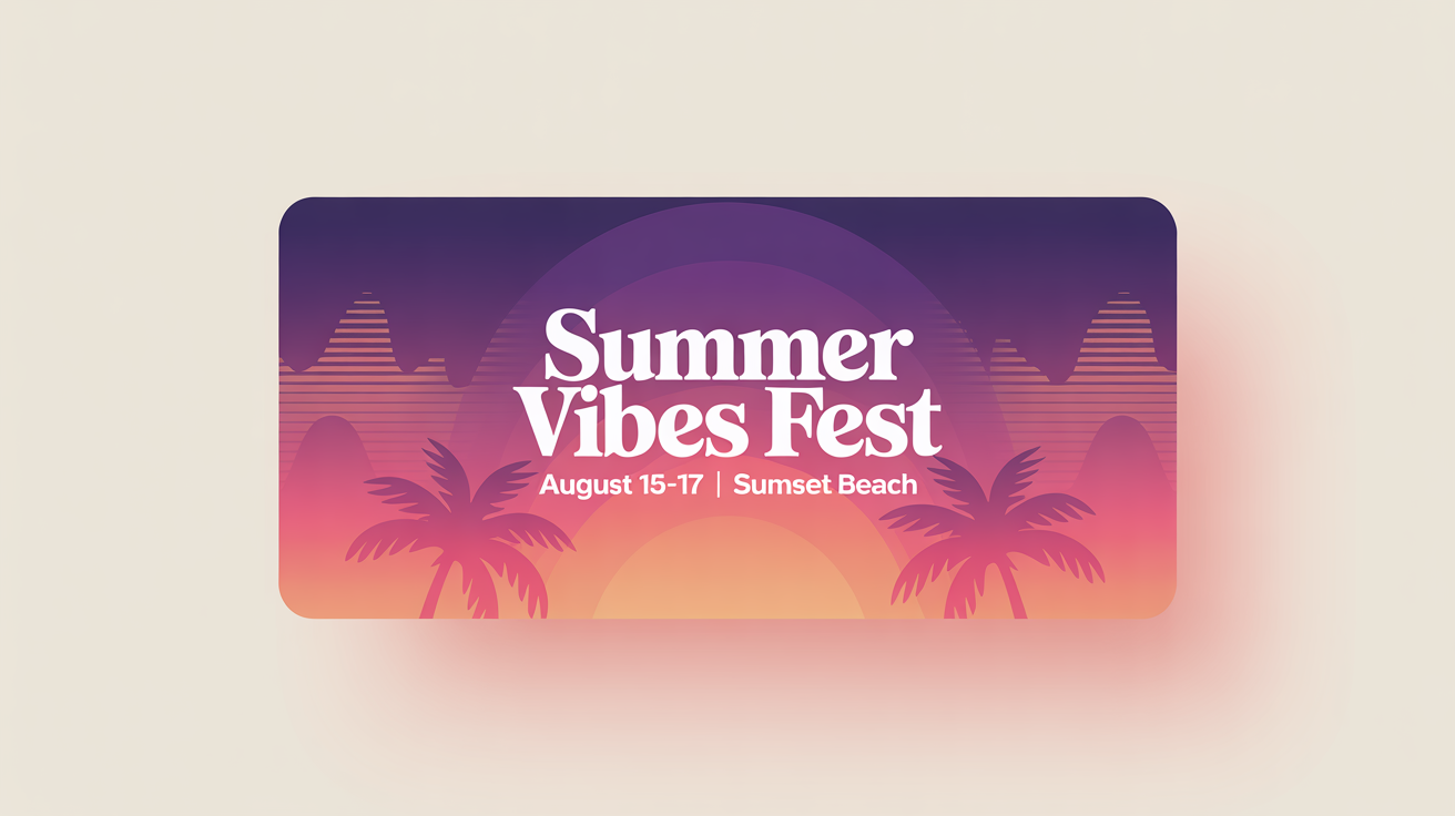 A professional mockup of a vibrant Facebook event cover for a 'Summer Vibes Fest', featuring a sunset gradient, palm tree silhouettes, and modern typography, displayed on a clean white background.