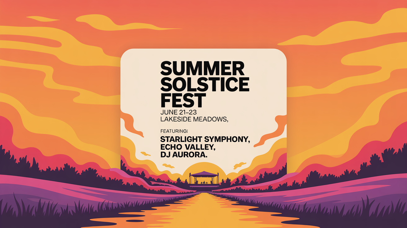 A mockup of a Facebook event cover for a 'Summer Solstice Fest', showing a colorful sunset design and event details against a white background.