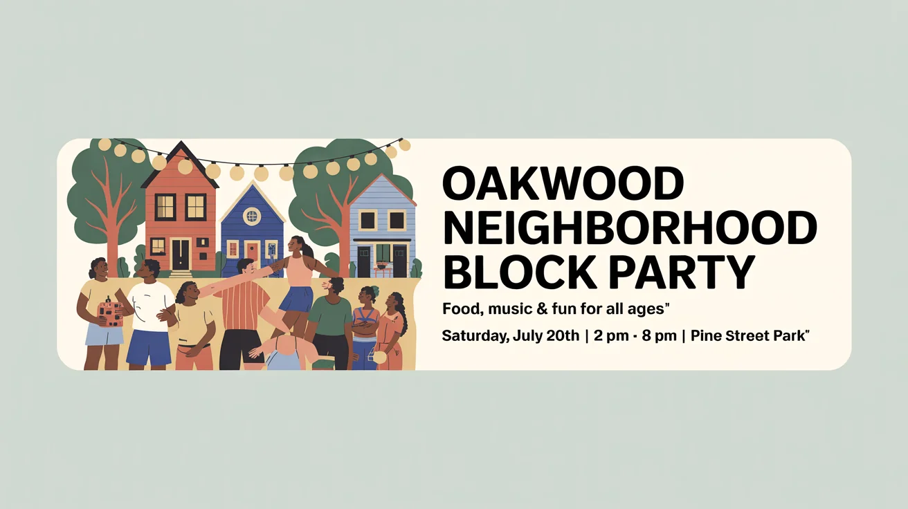 A vibrant mockup of a Facebook event cover for a 'Oakwood Neighborhood Block Party', featuring colorful illustrations of a community gathering, with event details clearly visible.