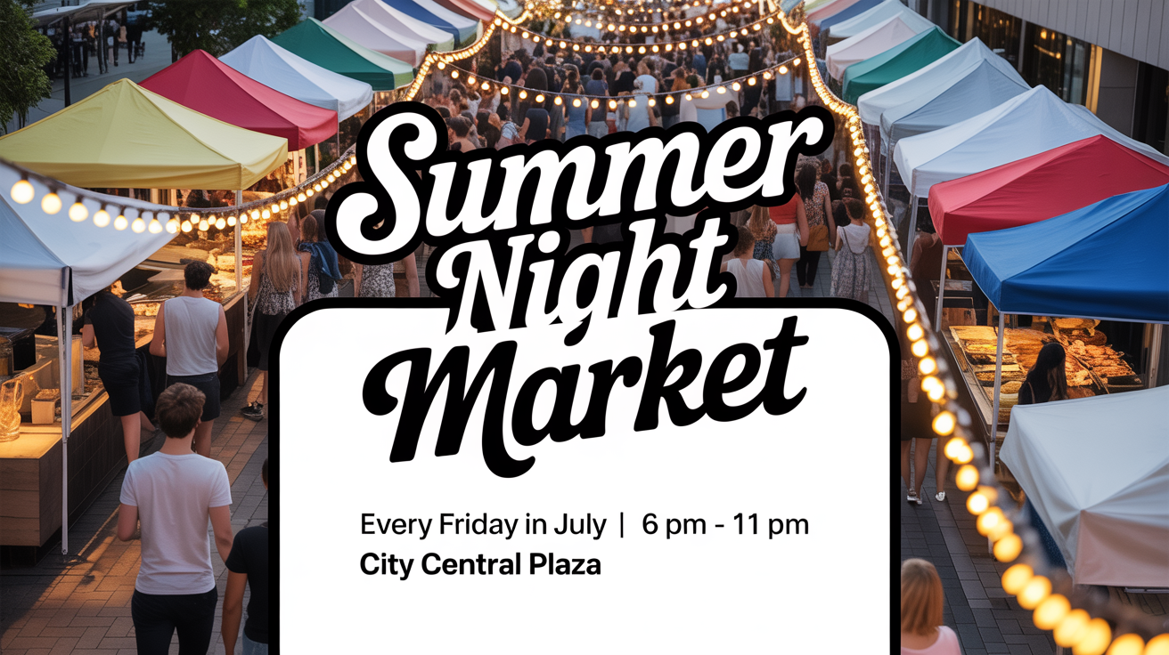A mockup of a Facebook event cover for a 'Summer Night Market', showing a warm photo of a market at night with fairy lights and overlaid with event details and a title.
