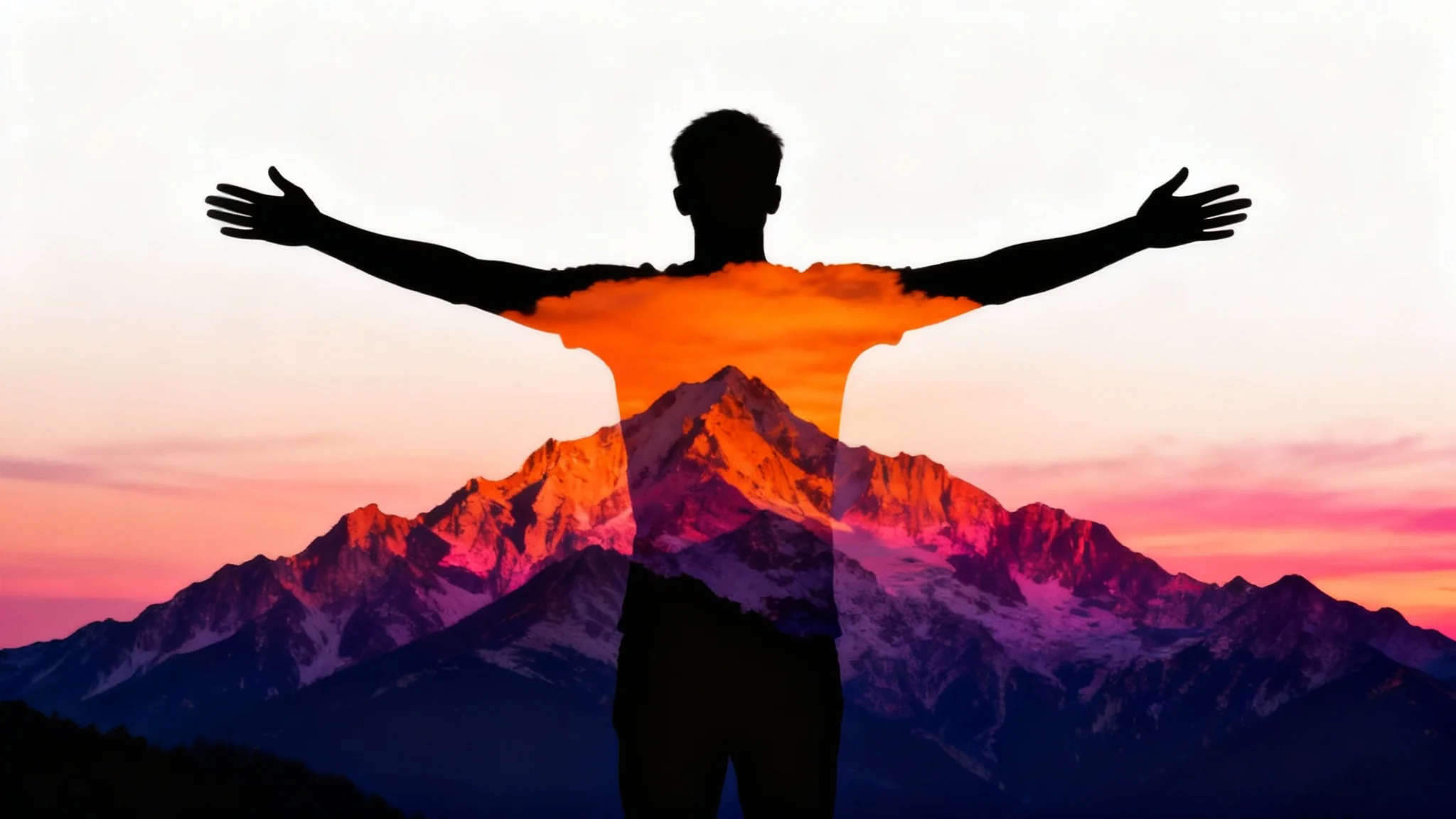 A professionally designed double exposure image showing a person's silhouette with arms outstretched, filled with a vibrant mountain sunset landscape. The final result is artistic and polished.