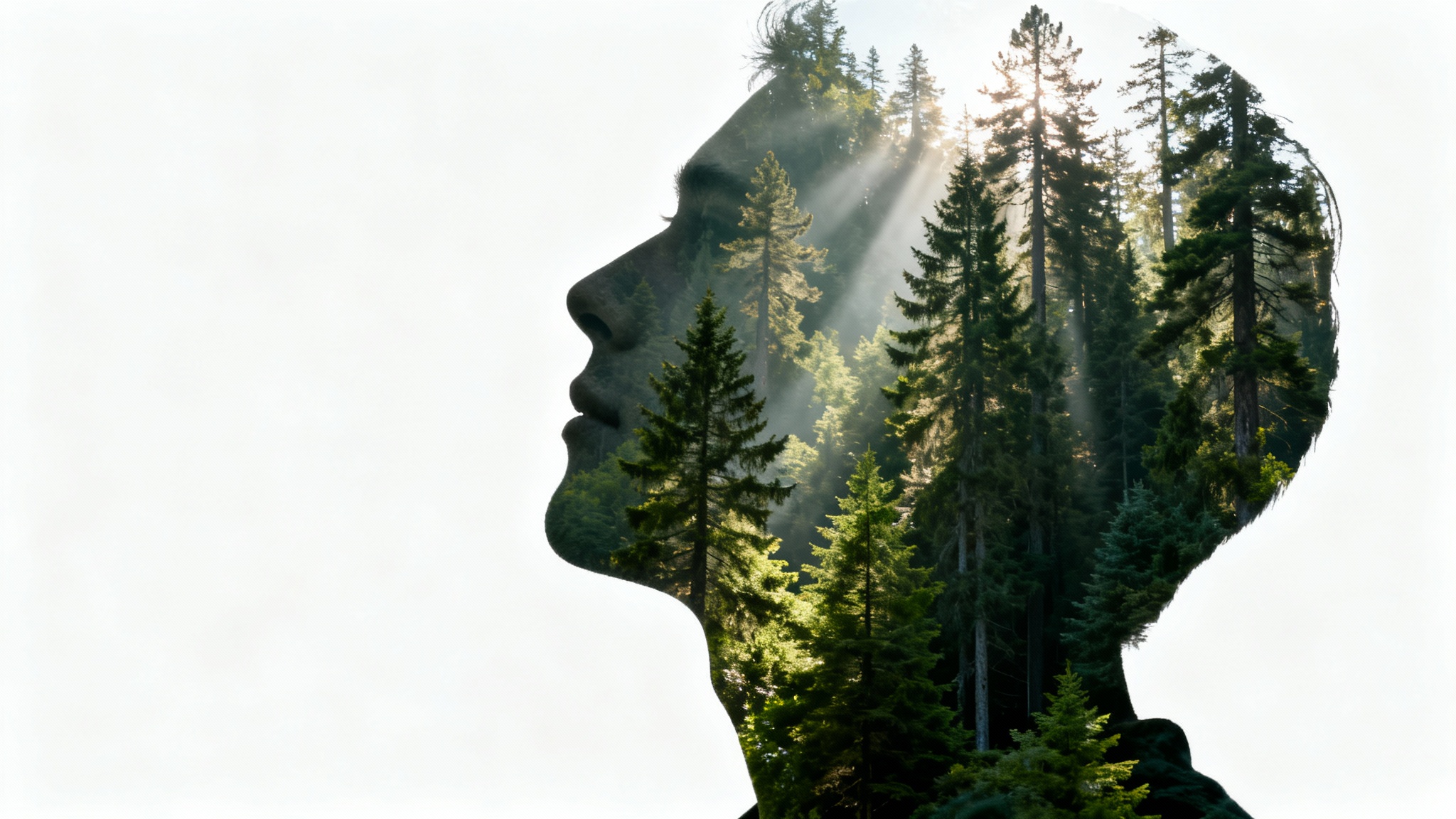 A creative double exposure image showing a person's silhouette filled with a detailed photograph of a sunlit forest, set against a plain white background.