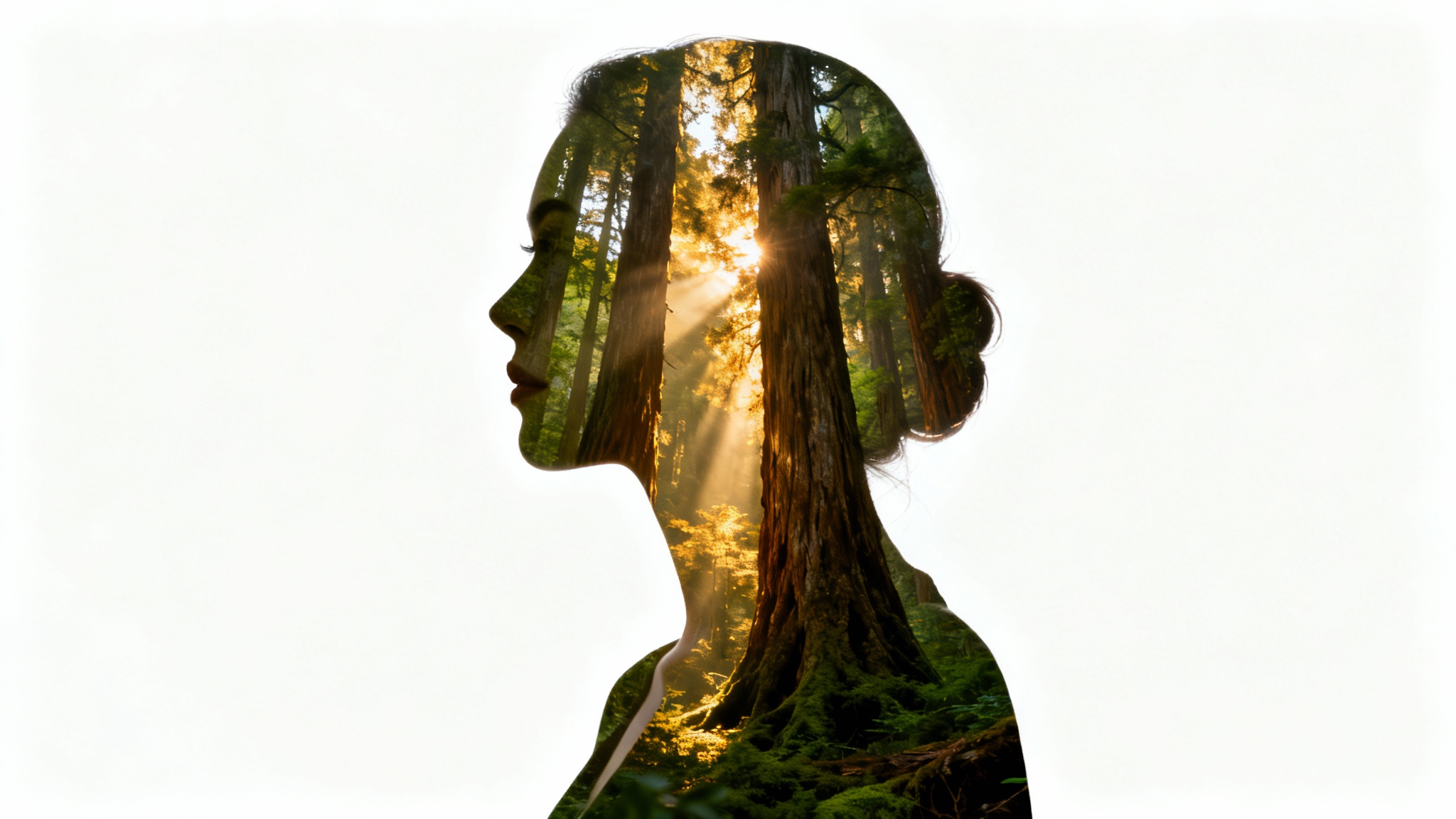 An artistic double exposure image showing the silhouette of a woman's profile filled with a detailed scene of a sunlit forest, all set against a clean white background.
