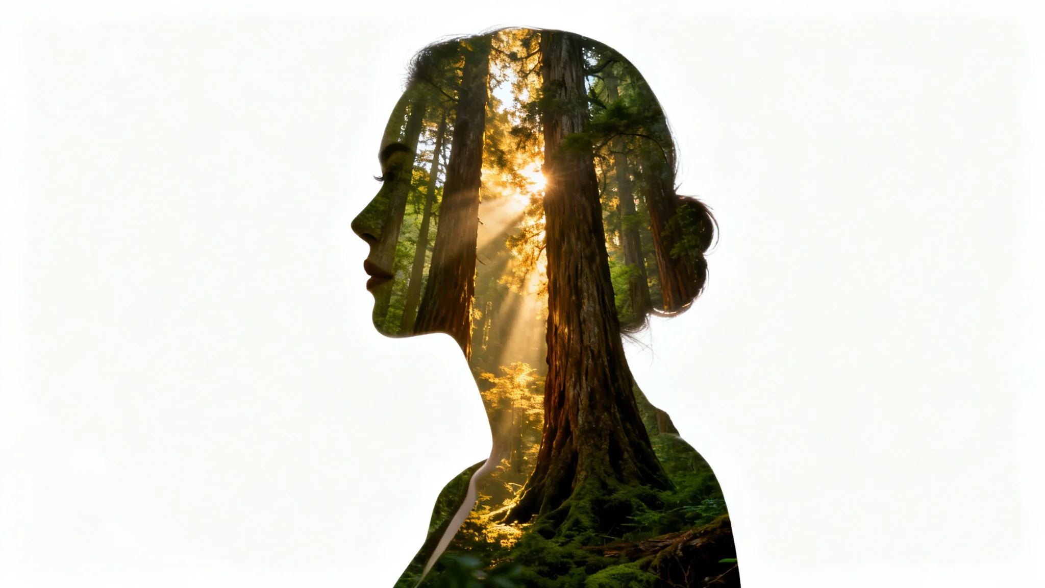 An artistic double exposure image showing the silhouette of a woman's profile filled with a detailed scene of a sunlit forest, all set against a clean white background.