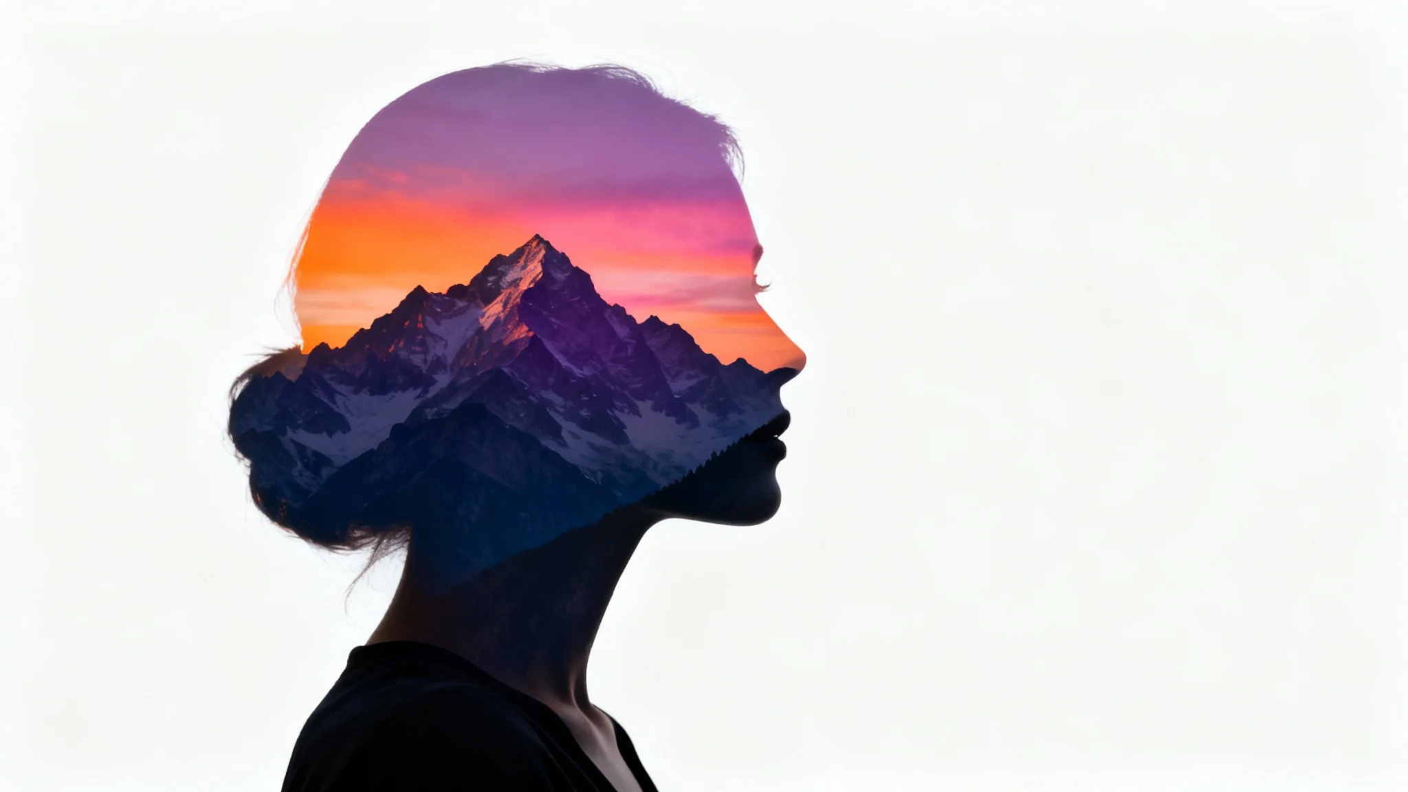 A double exposure silhouette of a woman's profile, artistically filled with a vibrant image of a mountain range during a colorful sunset, set against a plain white background.