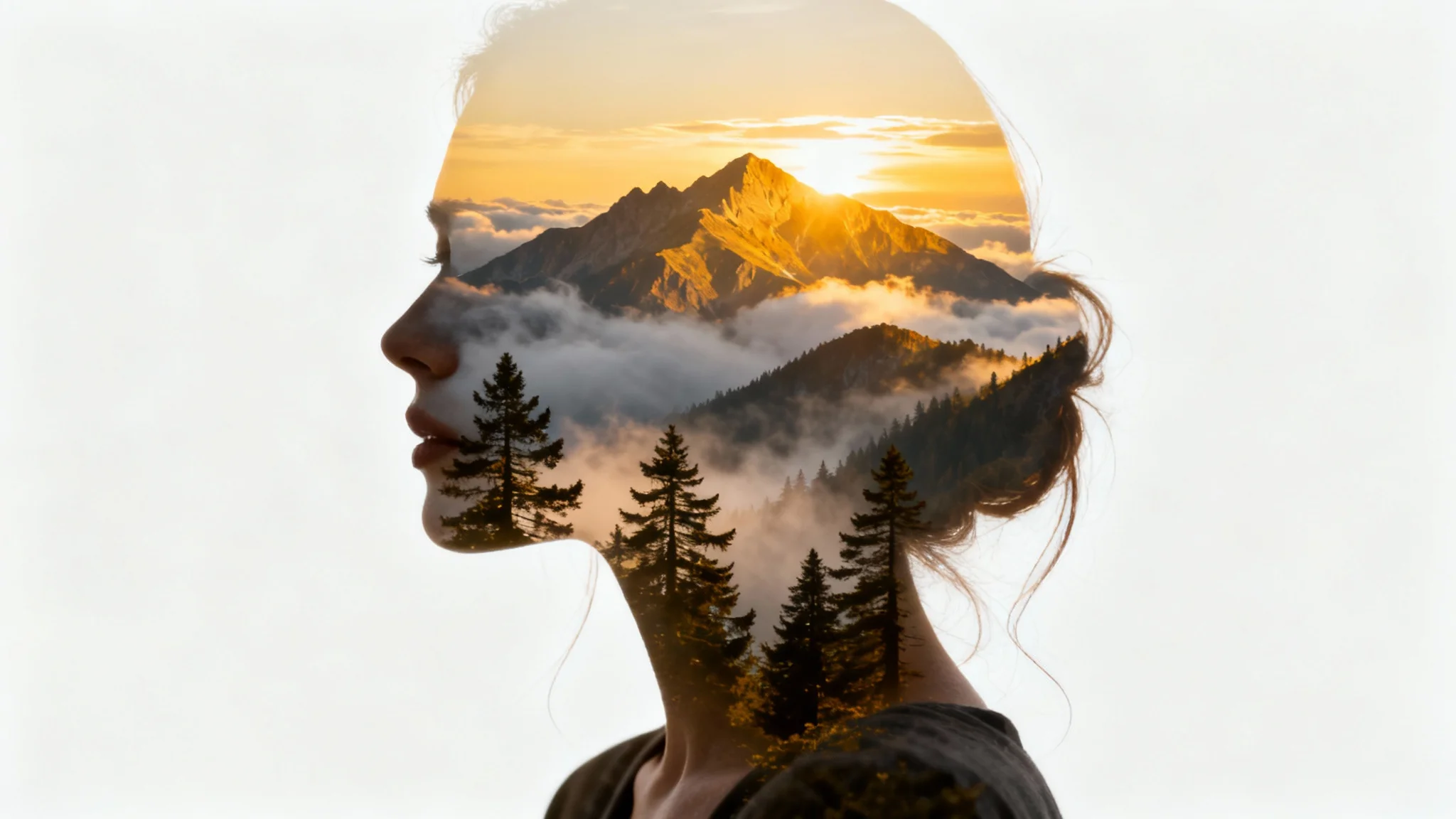 An artistic double exposure image showing the silhouette of a woman's profile filled with a majestic, sunlit mountain range scene, all against a stark white background.