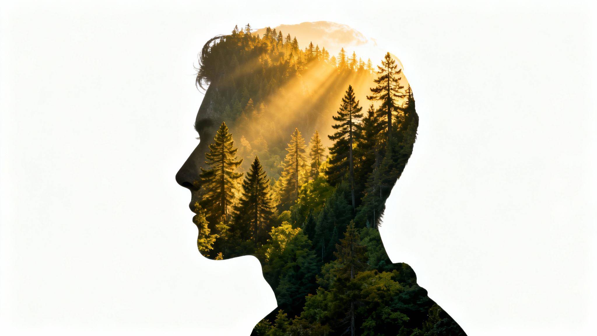 An artistic double exposure image showing a silhouette of a person's head, filled with a photorealistic scene of a sunlit forest, all set against a plain white background.