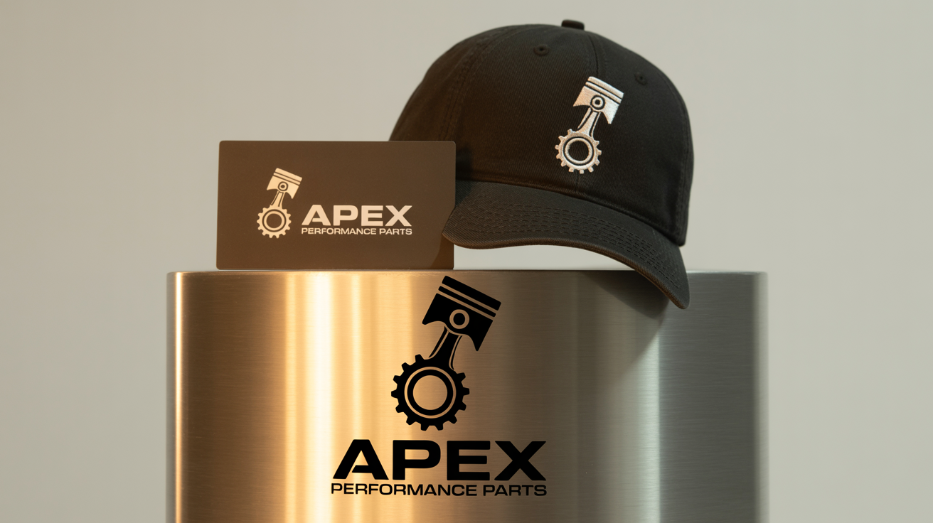 A professional branding package mockup for an auto parts company named 'Apex Performance Parts', showcasing its modern piston and gear logo on a business card, an embroidered cap, and a brushed metal surface, all arranged on a clean background.