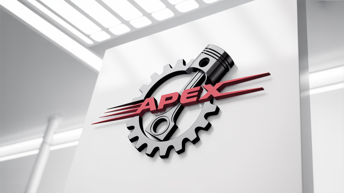 A modern 3D logo for an auto parts brand called 'Apex Motors', featuring a metallic gear and piston emblem with a red swoosh, set against a clean white background.